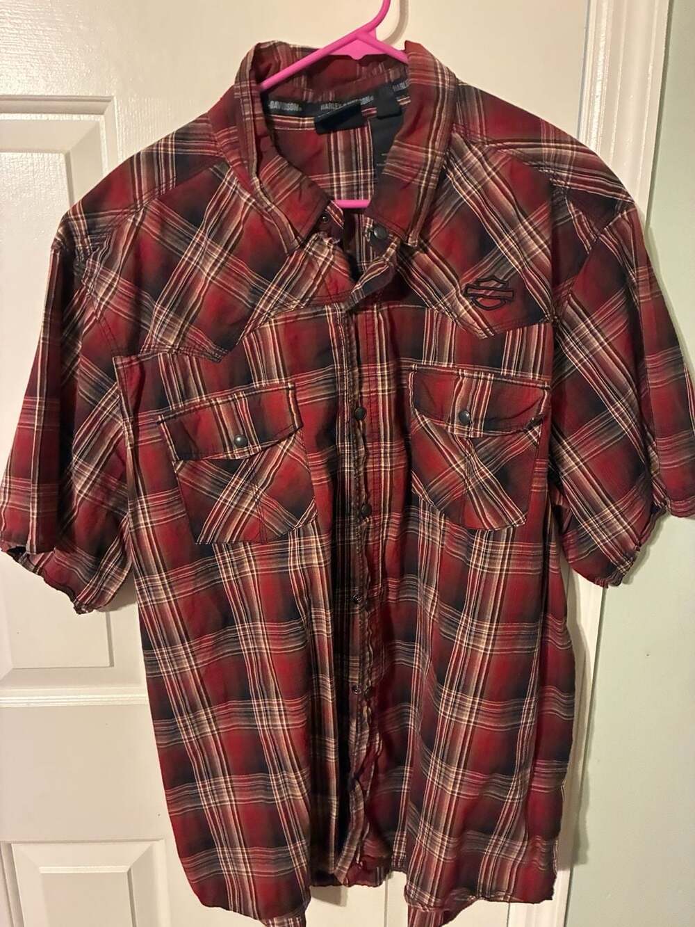 Harley-Davidson® Men's B&S Plaid Short Sleeve Woven Shirt, Red Harley-Davidson,